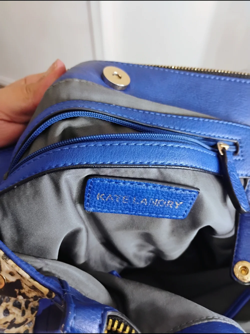 Kate Landry Blue Leather Satchel with Leopard Accents
